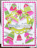 Handmade greeting card with bells on it and jingle all the way sentiment on it.