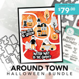 Graphic of Around Town Halloween Bundle for $79 which includes steel dies and stamps.