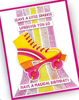 Handmade greeting card with roller skate on it and birthday sentiment on it.