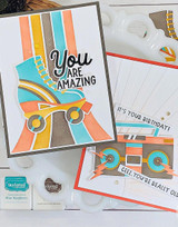 Two handmade greeting cards with roller skate on one and boom box on the other.