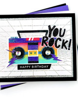 Handmade greeting card with boom box on it and you rock! happy birthday sentiments on it.