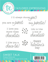 Graphic of Sweet Talk Red Rubber Stamp Set which includes 9 stamps with Valentine's Day sentiments on it used for papercrafting.