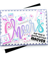 Handmade greeting card with cheers on it and hearts on envelopes with our love is postmarked forever sentiment on it.