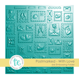 Graphic of Postmarked - With Love 6x6 Embossing Folder which creates mail and envelopes with hearts on it.