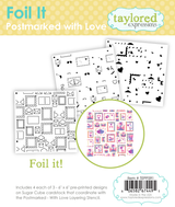 Graphic of Foil It Postmarked with Love which includes 4 of each 3 6x6 pre-printed foiling designs that create heart shaped mail.