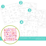 Graphic of Postmarked - With Love Layering Stencil that creates postmarked love themed cards.