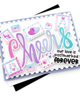 Handmade greeting card with envelope with hearts on it and cheers sentiment our love is postmarked forever sentiment on it.