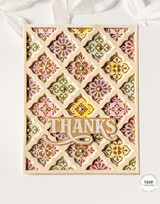 Handmade greeting card with tiles on it and thanks sentiment on it.