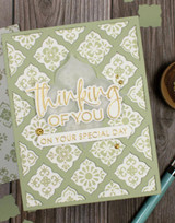 Handmade greeting card with tiles on it and thinking of you on your special day sentiment on it.