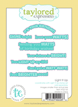 Graphic of Light it Up Dies that cut out light themed sentiments for papercrafting.