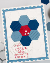 Handmade greeting card with hexagons on it and Sew Many Reasons to Celebrate sentiment on it.