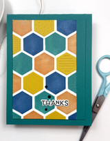 Handmade greeting card with hexagons on it and thanks sentiment on it.