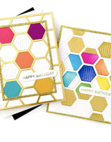 Two handmade greeting cards with hexagon shapes on both.