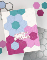 Handmade greeting card with hexagons on it and love you to pieces sentiment on it.