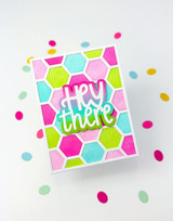Handmade greeting card with hexagons on it and hey there sentiment on it.