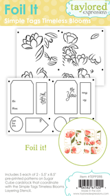Graphic of Foil It - Simple Tags Timeless Blooms which includes 4 each of 2 tag and floral patterns on cardstock used for papercrafting.