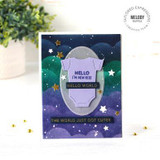 Handmade greeting card with onesie on it and hello I'm new here sentiment on it.