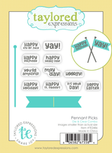 Graphic of Pennant Picks Die and Clear Stamp Combo which includes various holidays on the pennant stamps.