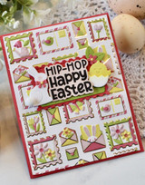 Handmade greeting card with springtime postage on it hip-hop happy easter sentiment on it.