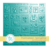 Graphic of 3D Embossing Folder - Postmarked - Springtime which creates envelopes of springtime activities.