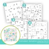 Graphic of Postmarked - Springtime Layering Stencil which creates springtime elements for papercrafting.