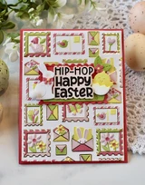 Handmade greeting card with springtime postage on it hip-hop happy easter sentiment on it.