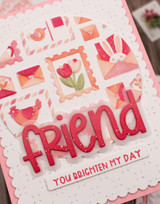 Handmade greeting card with springtime postage on it and friend you brighten my day sentiment on it.