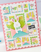 Handmade greeting card with springtime postage on it and a bunny in an envelope with hoppy easter sentiment on it.