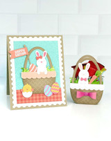 Handmade greeting card with a bunny on it and a basket with a bunny in it next to it.