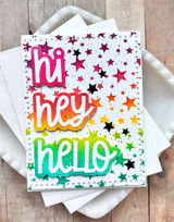 Handmade greeting card with stars on it and hi, hey, hello sentiments on it.