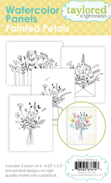 Graphic of Watercolor Panels Painted Petals which includes 3 each of 4 pre-printed designs for papercrafting.