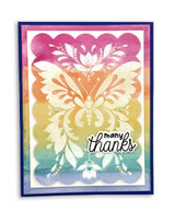 Handmade greeting card with butterfly on it and many thanks sentiment on it.