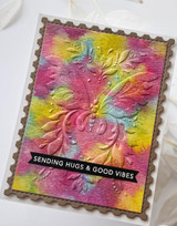 Handmade greeting card with butterfly on it and sending hugs & good vibes sentiment on it.