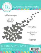Graphic of Bursting with Love Stamp Set which is used for papercrafting and includes hearts and sentiments.