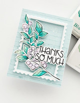 Handmade greeting card with sprigs on it and thanks so much sentiment on it.