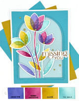 Handmade greeting card with flowers on it and missing you sentiment on it.