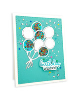 Handmade greeting card with balloons on it and birthday wishes sentiment on it.