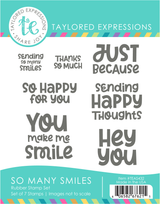 Graphic of So Many Smiles Stamp Set which has sentiments used for papercrafting.