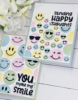 Two handmade greeting cards with smiley faces on both and different uplifting sentiments on each.