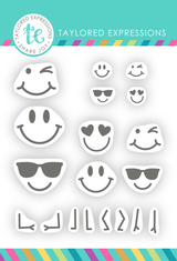 Graphic of C'mon Get Happy Clear Stamps which are smiley faces for papercrafting.