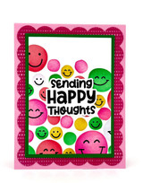 Handmade greeting card with smiley faces on it and sending happy thoughts sentiment on it.