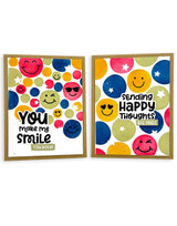 Two handmade greeting cards with smiley faces on both and different sentiments on each.