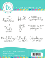 Graphic of Timeless Greetings Stamp Set which includes stamps for papercrafting.
