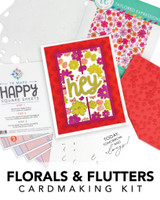 Graphic of Florals & Flutters Cardmaking Kit which includes happy square sheets, stamp, stencils, and insiders for papercrafting.