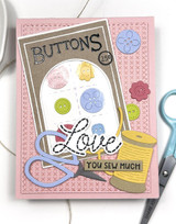 Handmade greeting card with buttons on it and love you sew much sentiment on it.