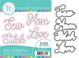 Graphic of Sew Essential Stamp & Die combo which includes sentiments for sewing for papercrafting.