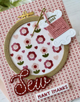 Handmade greeting card with embroidery on it and Sew many thanks sentiment on it.