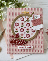 Handmade greeting card with embroidery on it and sew many thanks sentiment on it.