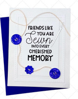 Handmade greeting card with sentiment on the inside and buttons and a needle on it for sewing.