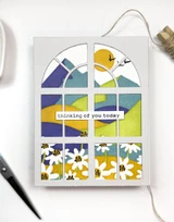 Handmade greeting card with window on it and thinking of you today sentiment on it.